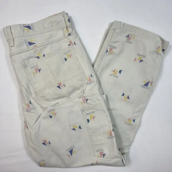 Wallace & Barnes Carpenter Canvas Double Knee AOP Geo Print Cream Tan Y2K 36x30 - Picture 1 of 10